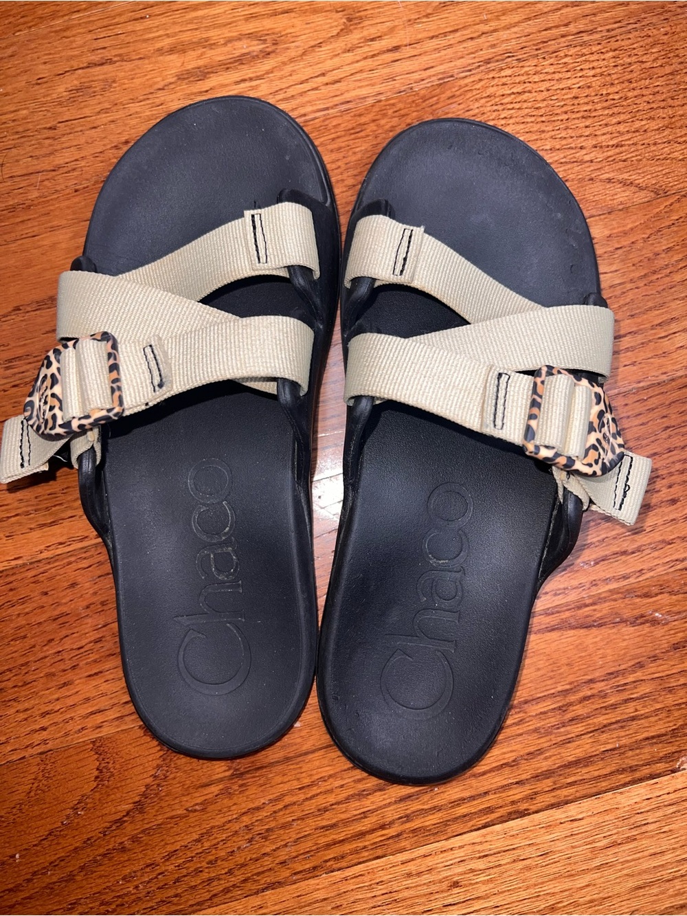 Chaco Black Slide Sandals with Tan Straps and Leopard Buckles